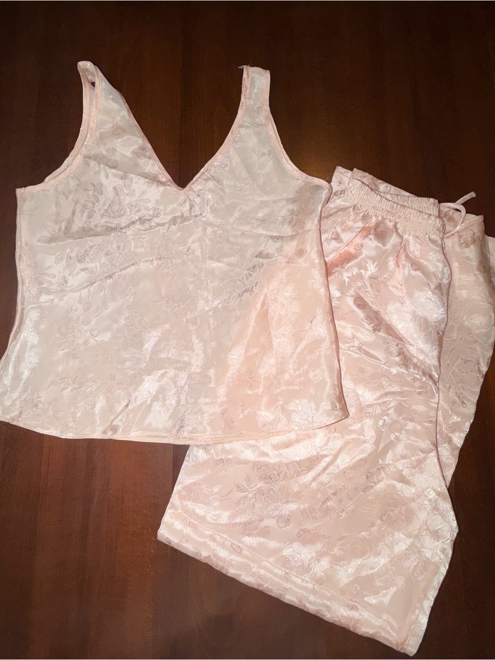 Blush Pink Floral Jacquard Satin Pajama Set Tank & Pants